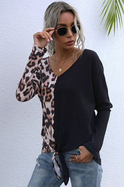 Leopard V-Neck Tie Front Top 