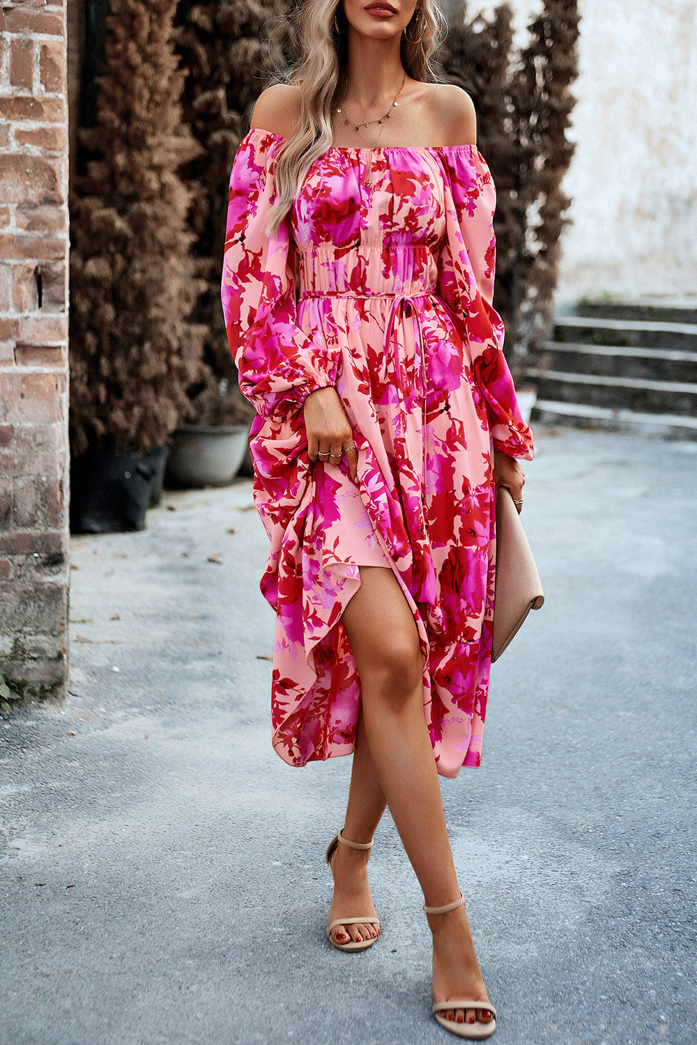 Printed Balloon Sleeve Midi Dress 