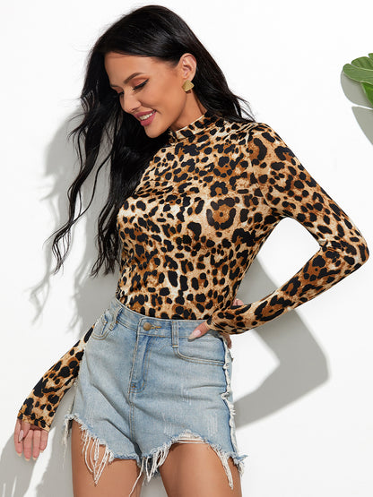 Leopard Mock Neck Long Sleeve T-Shirt 