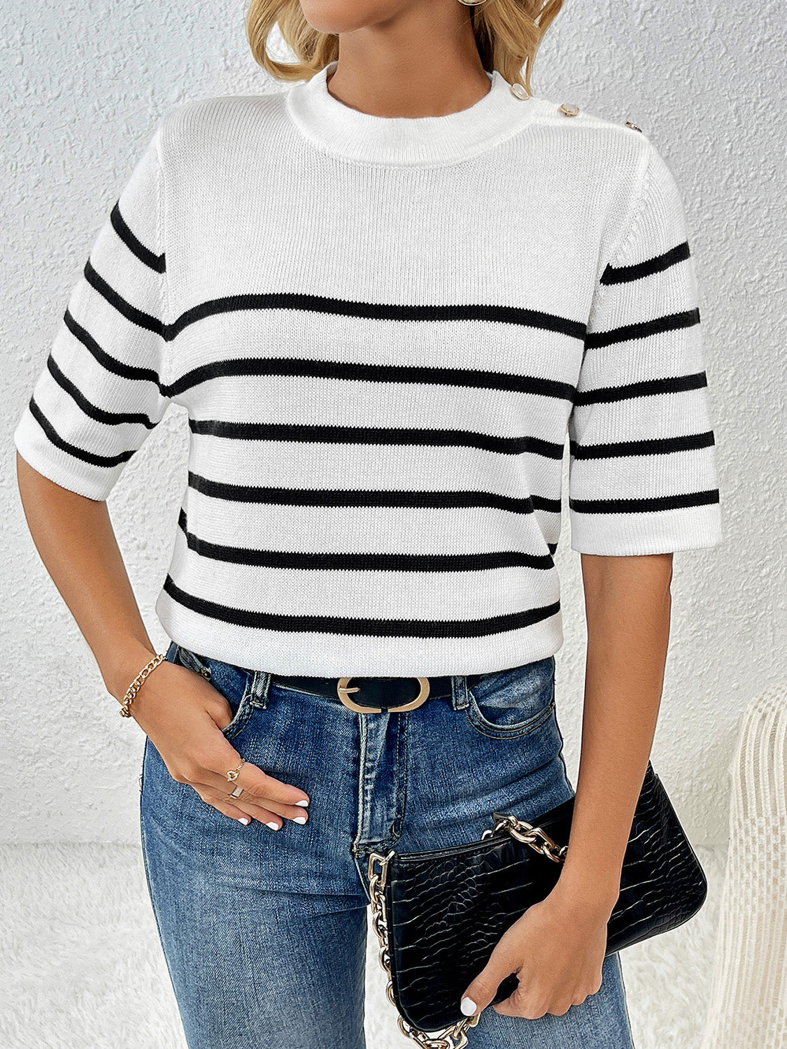 Striped Round Neck Half Sleeve Knit Top - Babbazon Tops