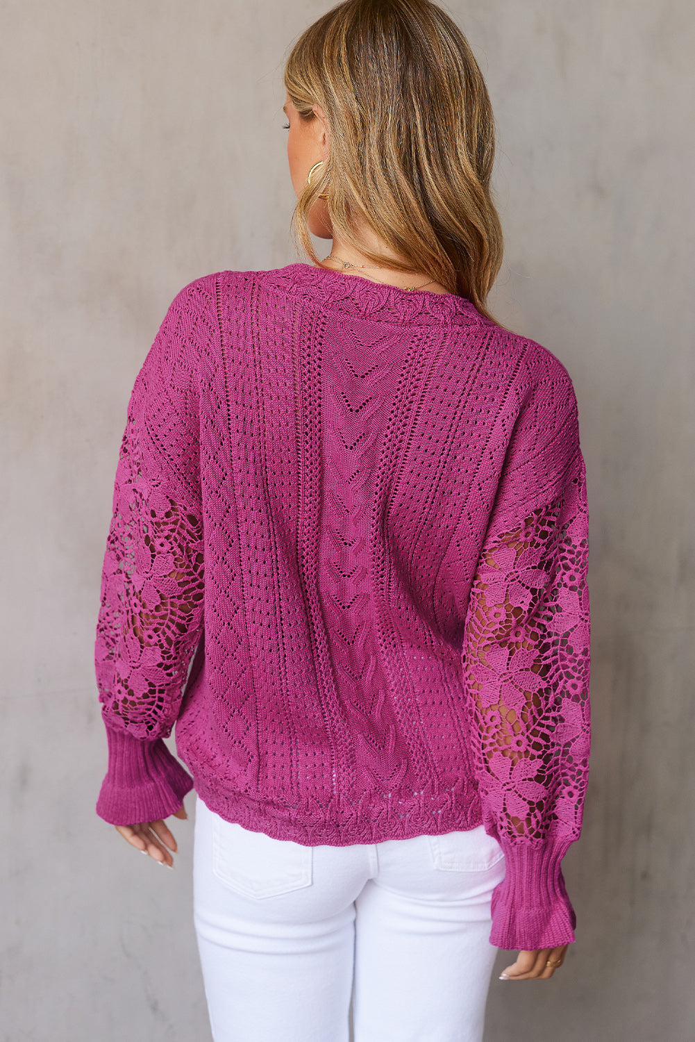 Openwork Lantern Sleeve Dropped Shoulder Sweater 