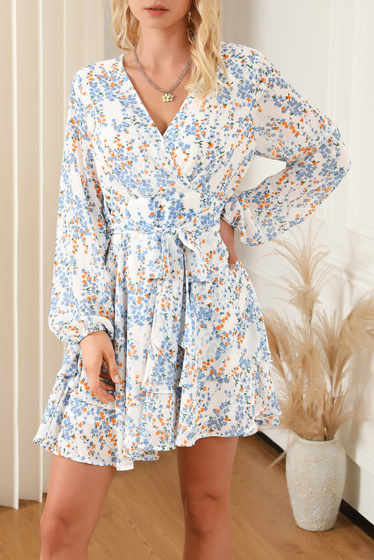 Printed Surplice Balloon Sleeve Mini Dress - Babbazon