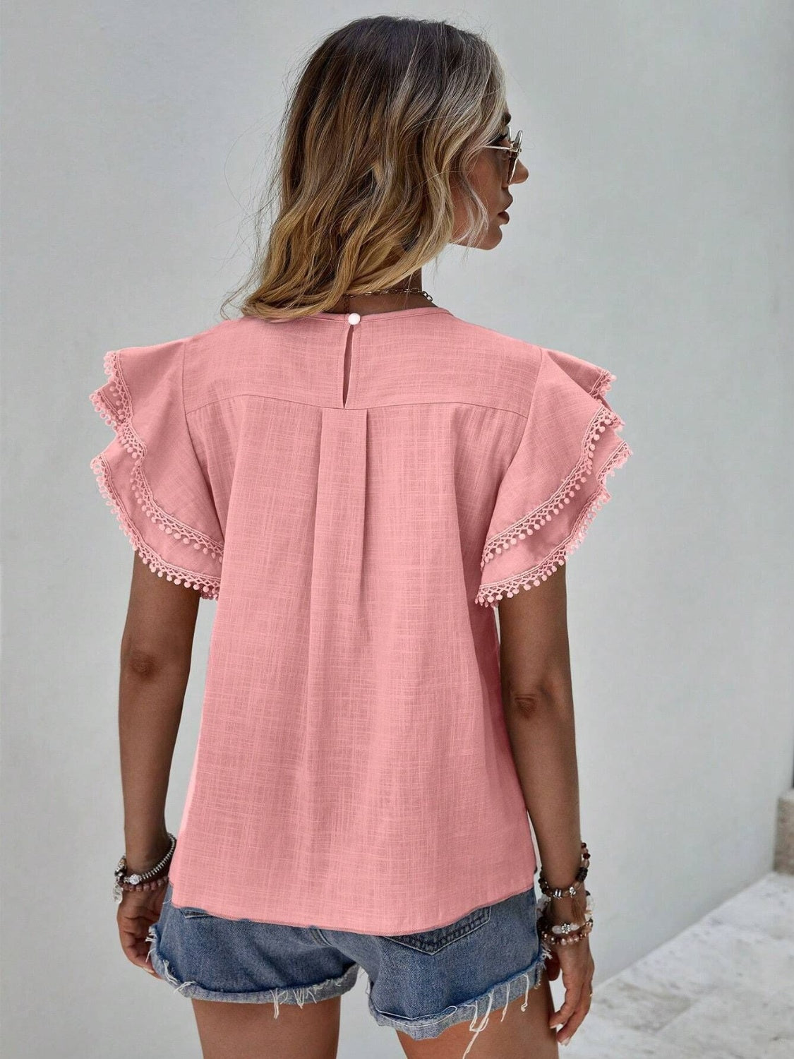 Ruffled Cap Sleeve Round Neck Blouse 