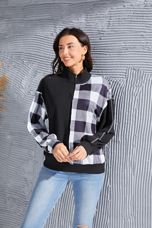 Plaid Exposed Seam Long Sleeve Blouse 