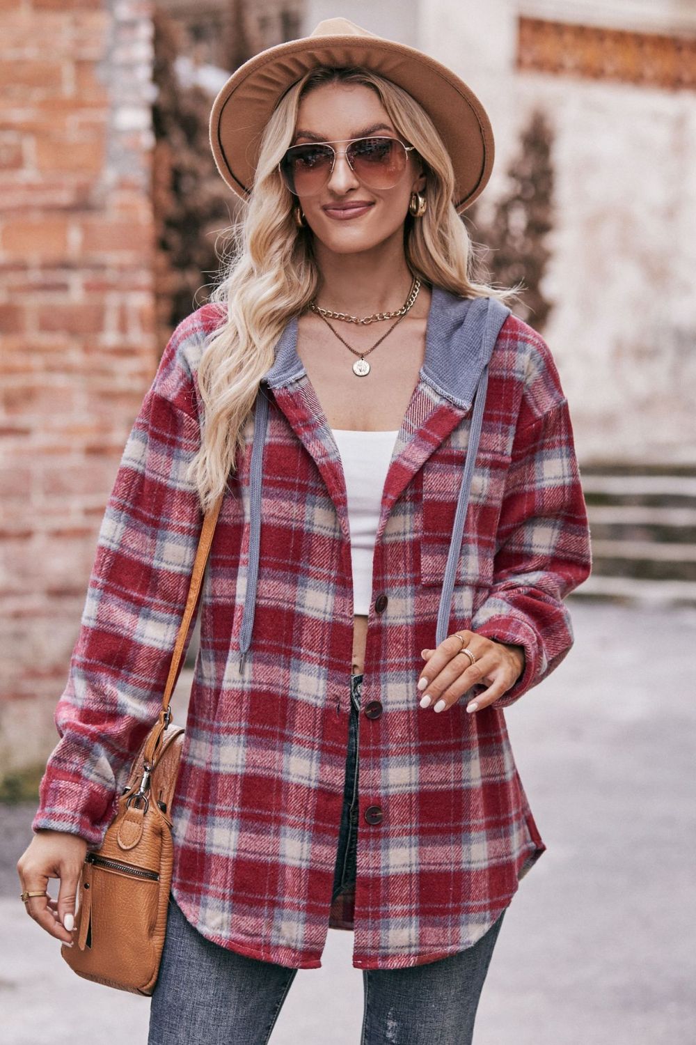 Plaid Dropped Shoulder Hooded Longline Jacket 