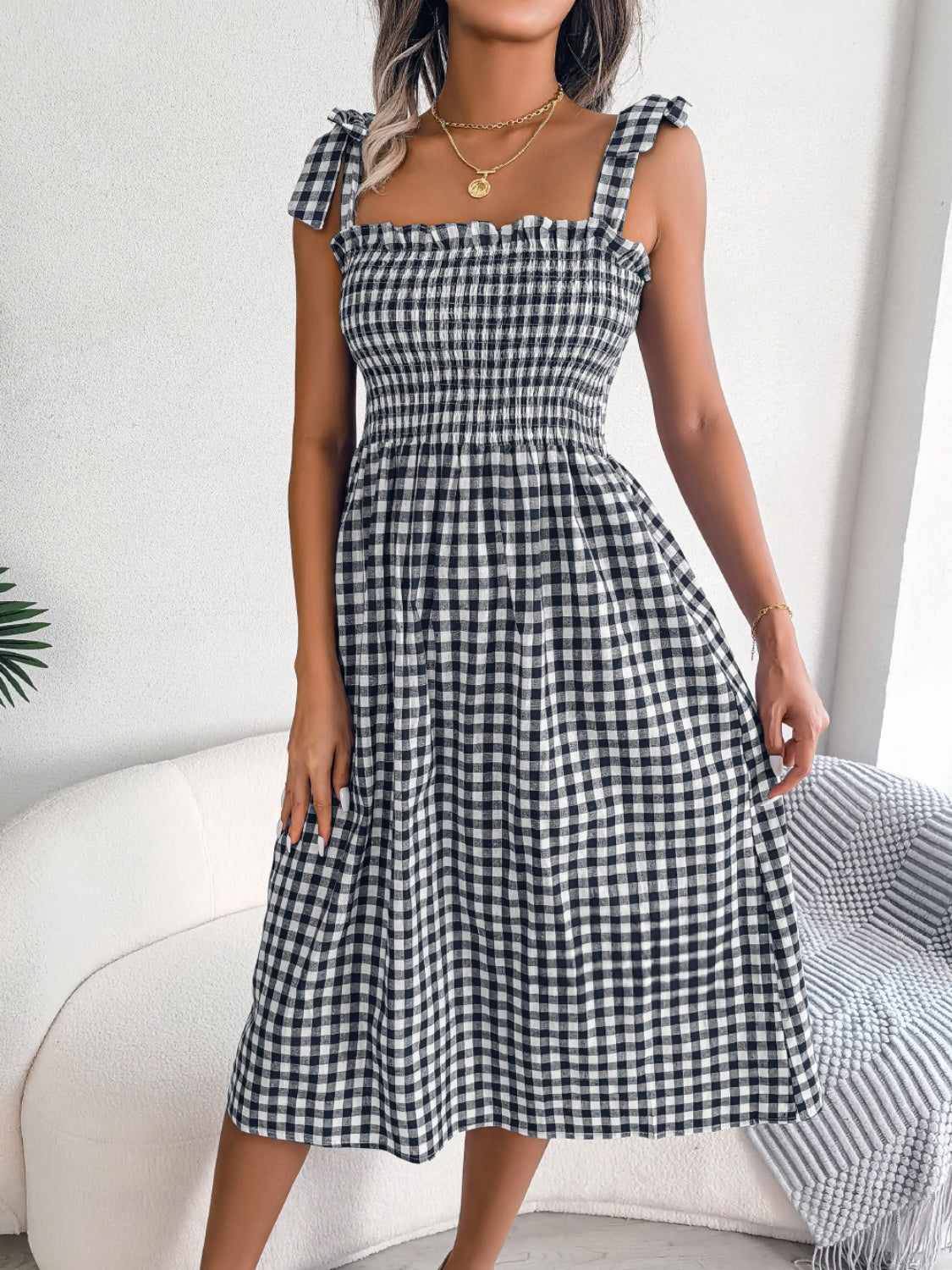 Frill Plaid Square Neck Midi Dress 