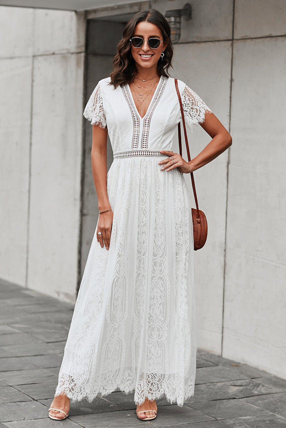 Scalloped Trim Lace Plunge Dress - Babbazon Maxi Dress