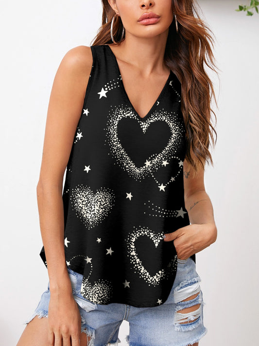 Heart Printed V-Neck Tank - Babbazon