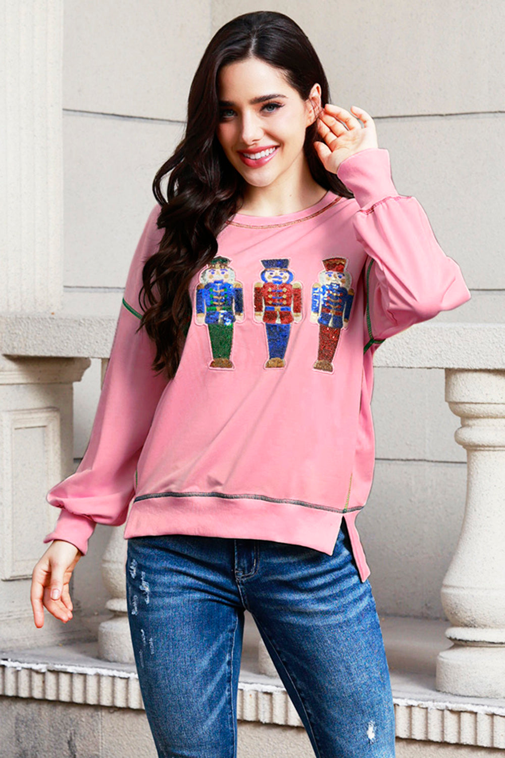 Sequin Nutcracker Round Neck Slit Sweatshirt 