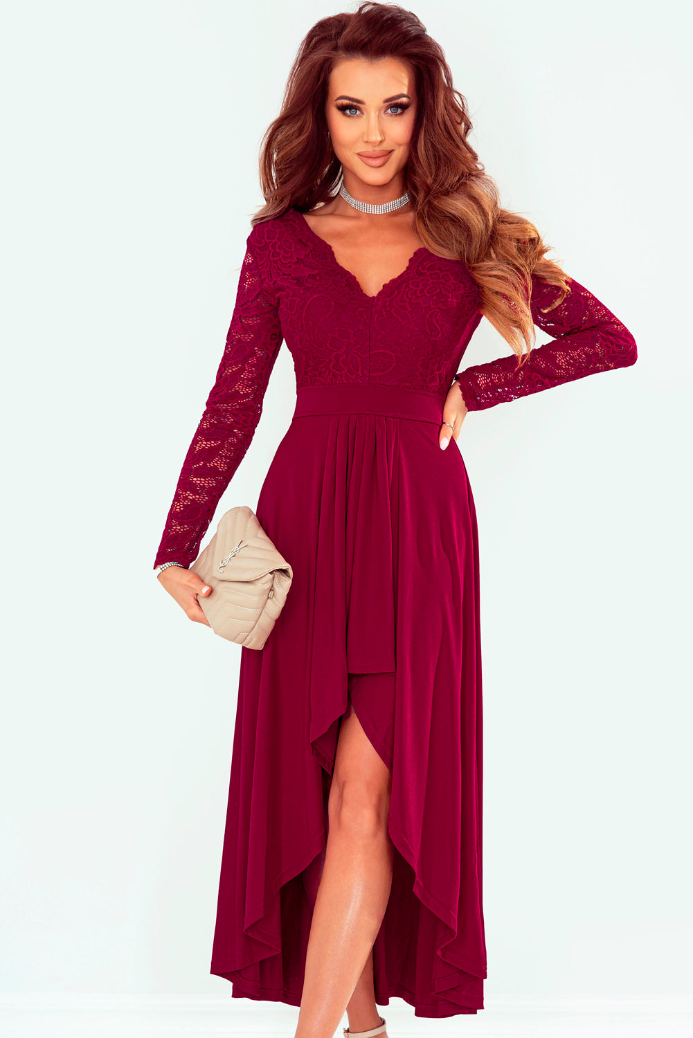 Lace High-Low V-Neck Dress - Babbazon Dress