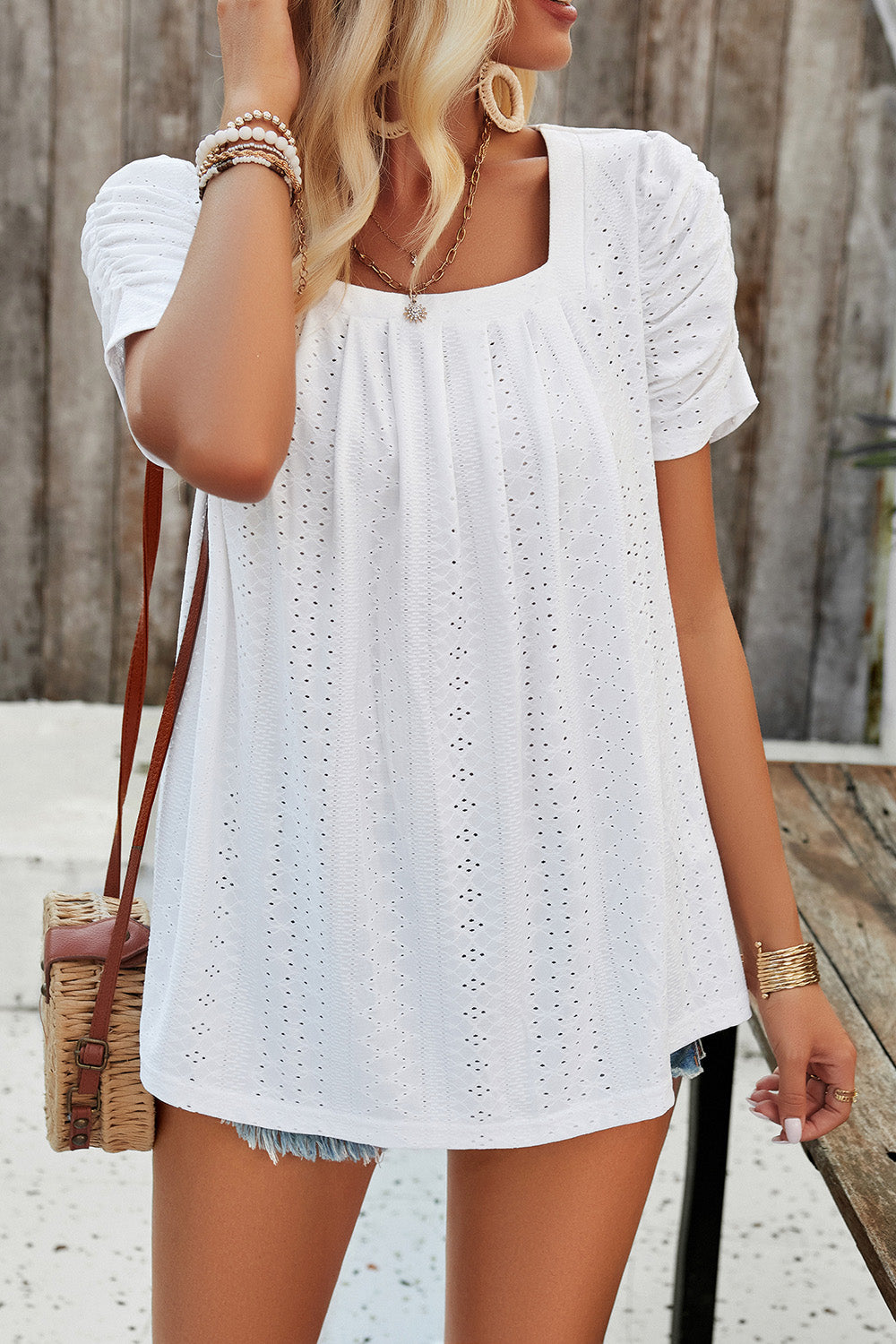 Eyelet Square Neck Puff Sleeve T-Shirt 