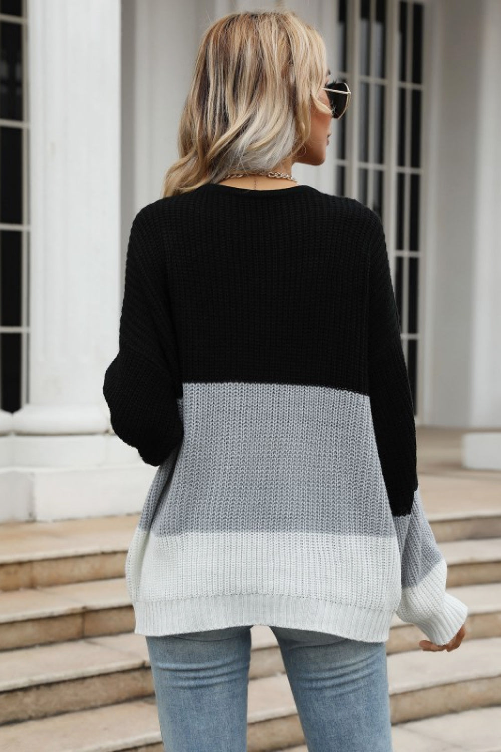 Color Block Long Sleeve Chunky Knit Sweater 