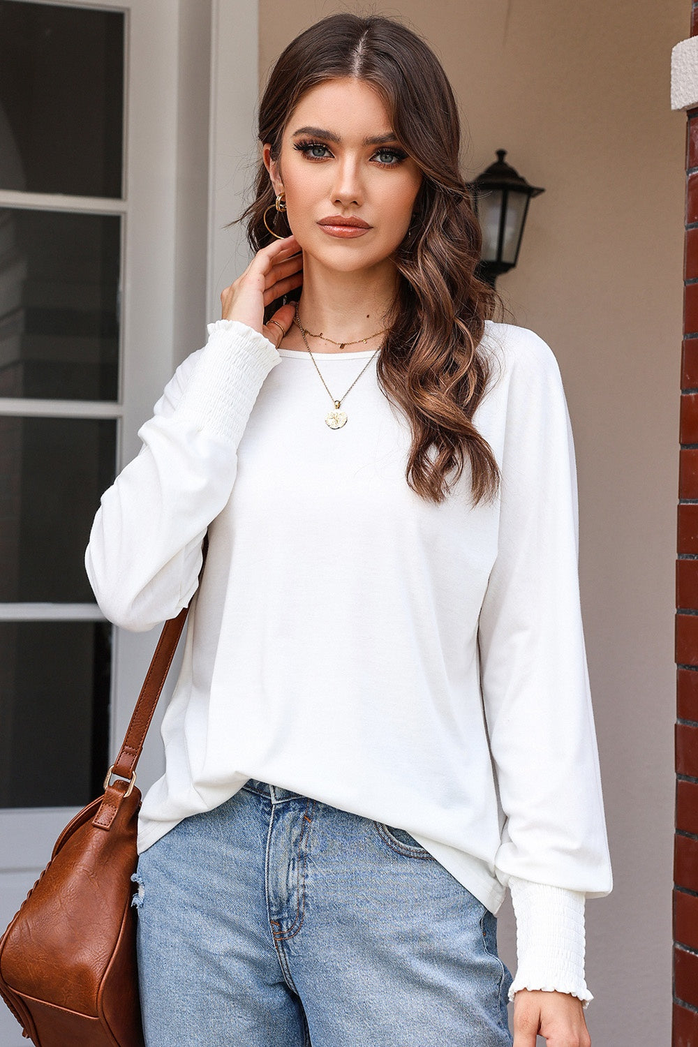 Round Neck Smocked Long Sleeve Blouse 