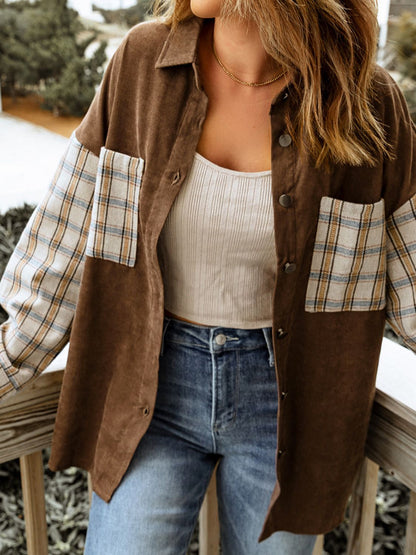 Plaid Corduroy Shirt Jacket with Pockets 