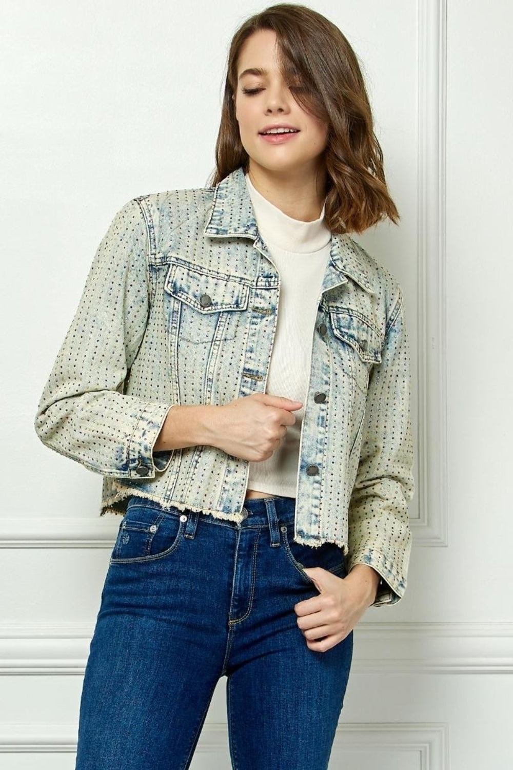 Veveret Multi Color Stripe Rhinestone Raw Hem Denim Jacket 