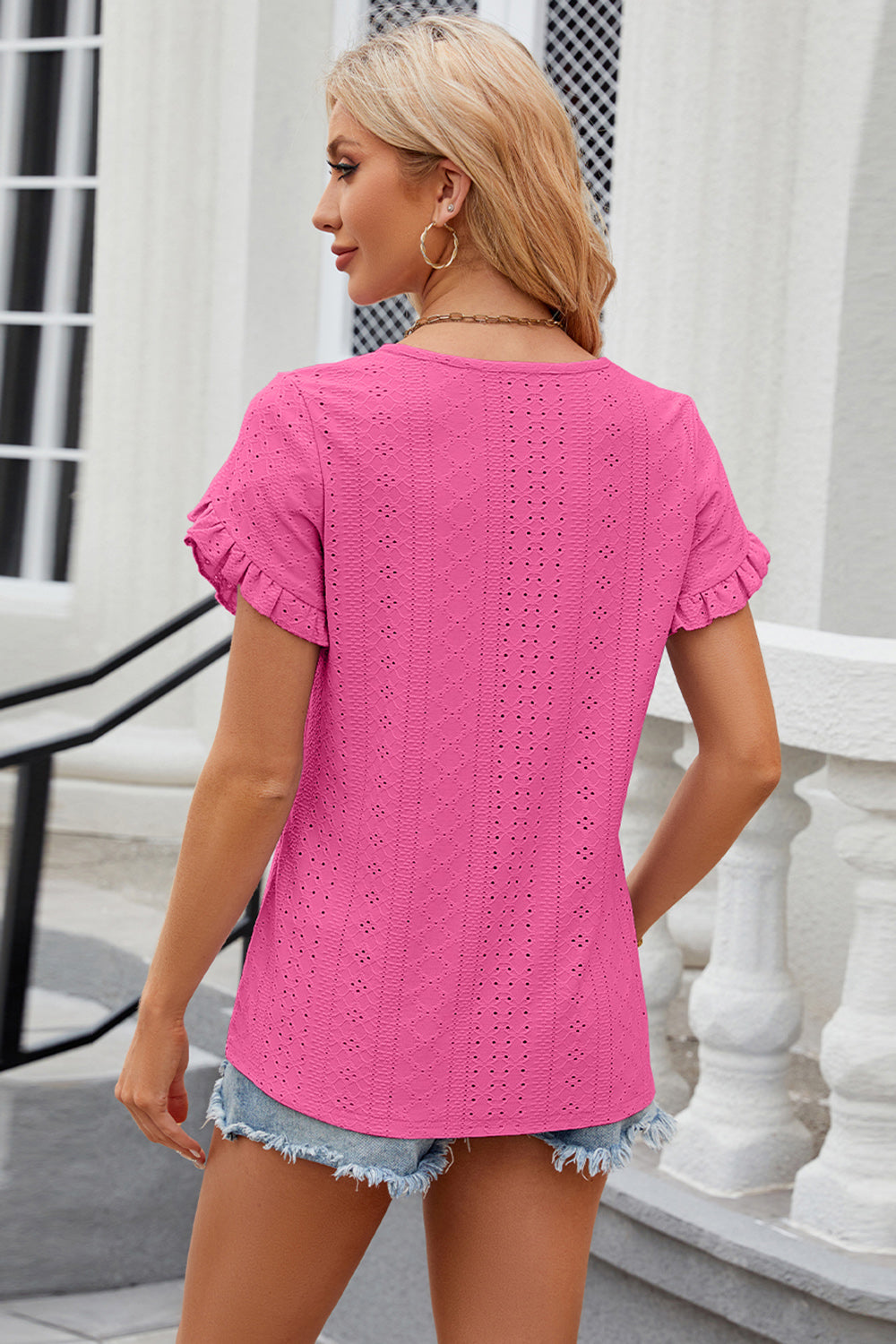 Eyelet Round Neck Petal Sleeve T-Shirt 