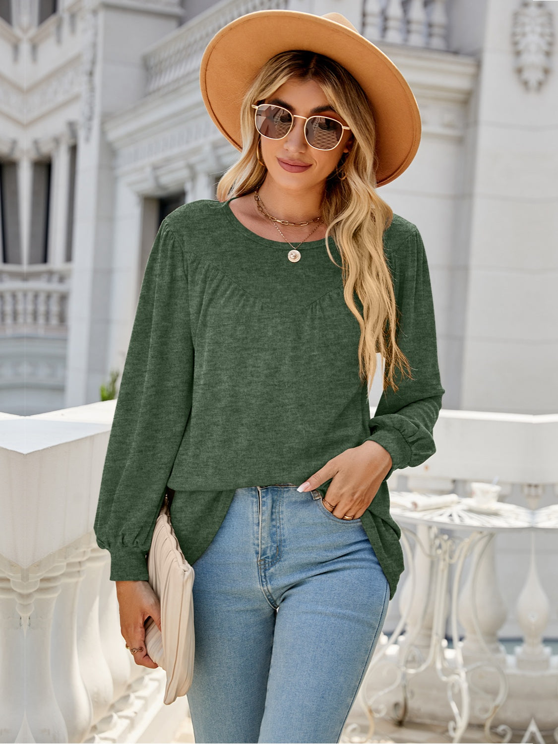 Heathered Round Neck Lantern Sleeve Blouse