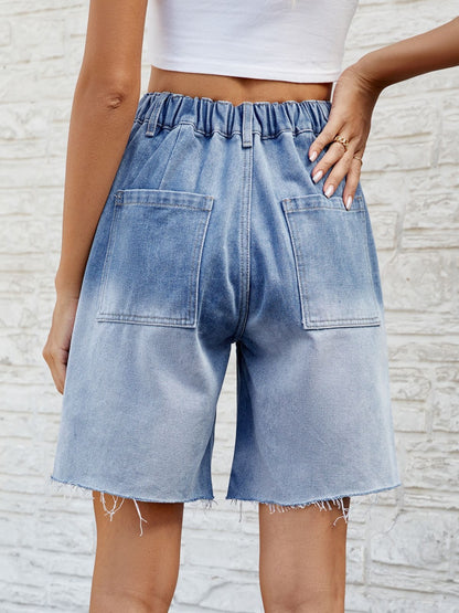 Buttoned Raw Hem Denim Shorts with Pockets 