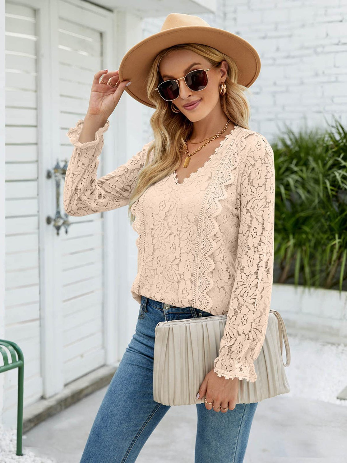 Lace V-Neck Flounce Sleeve Blouse 