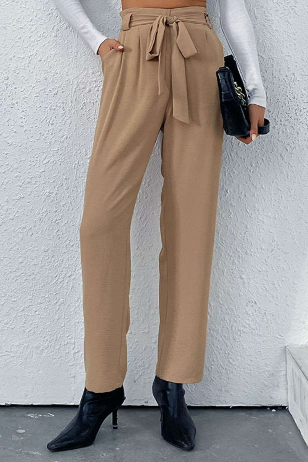 Belted Straight Leg Pants with Pockets 