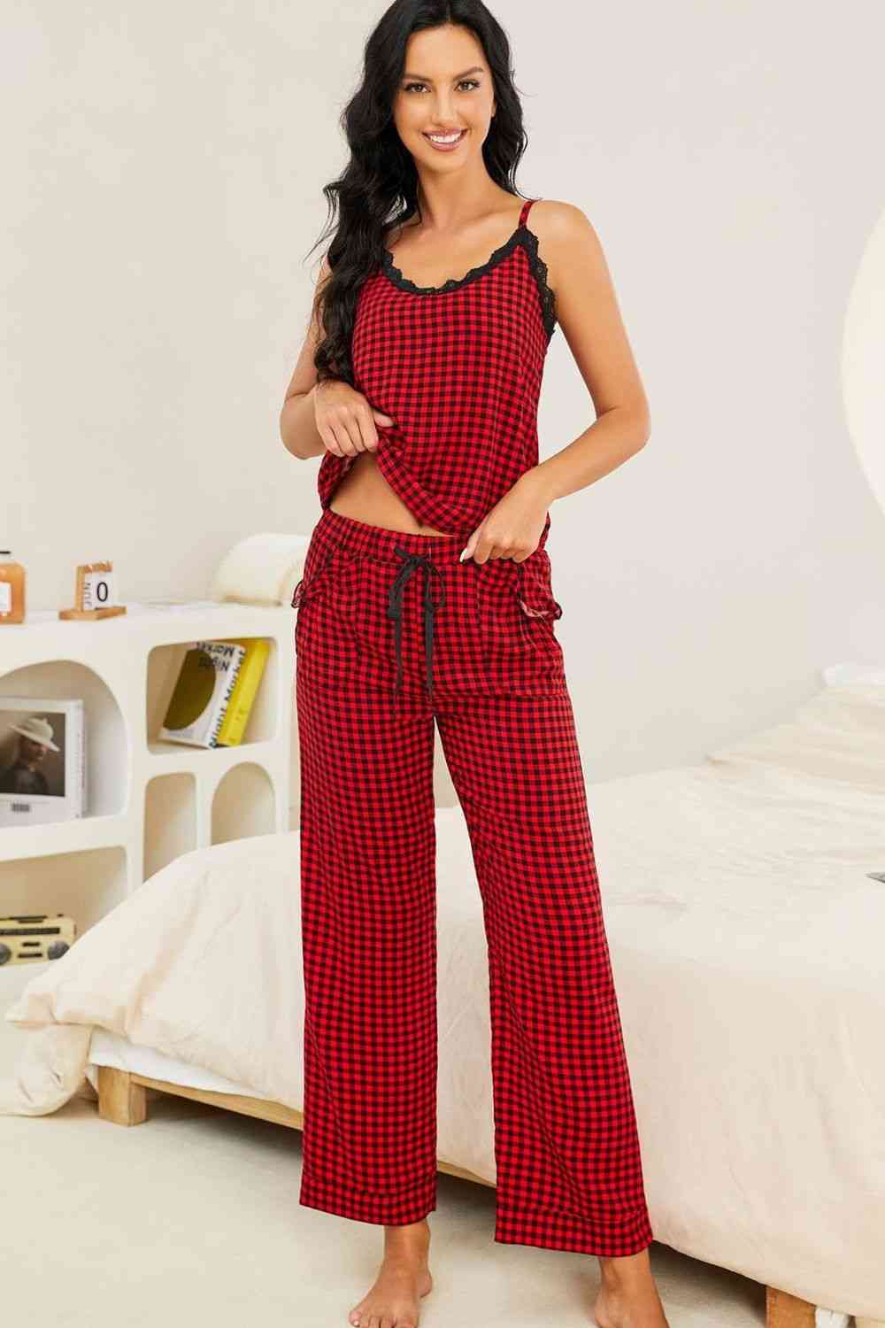 Plaid Lace Trim Cami and Drawstring Pants Pajama Set - Babbazon loungewear