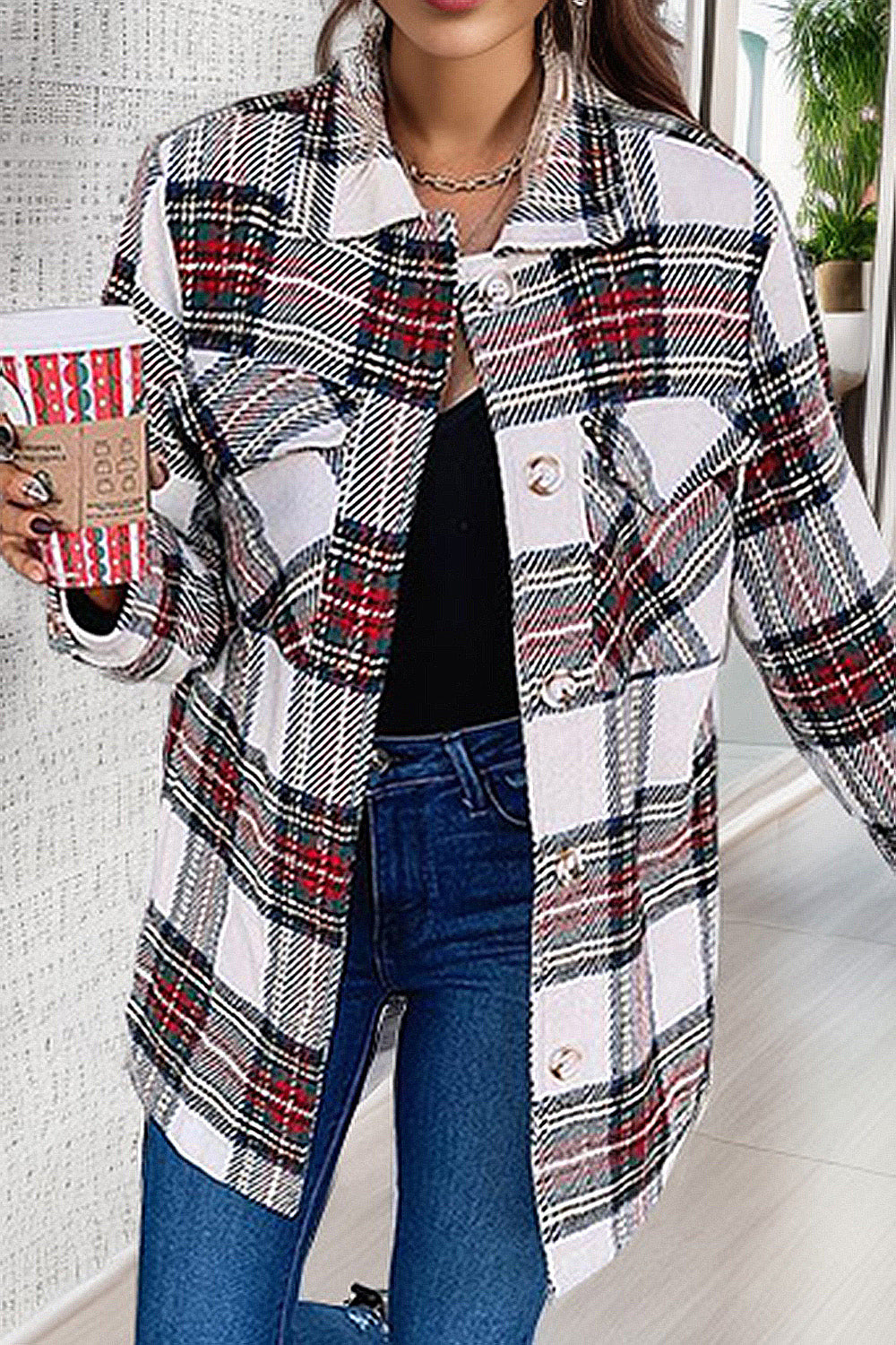 Plaid Pocketed Button Up Jacket 