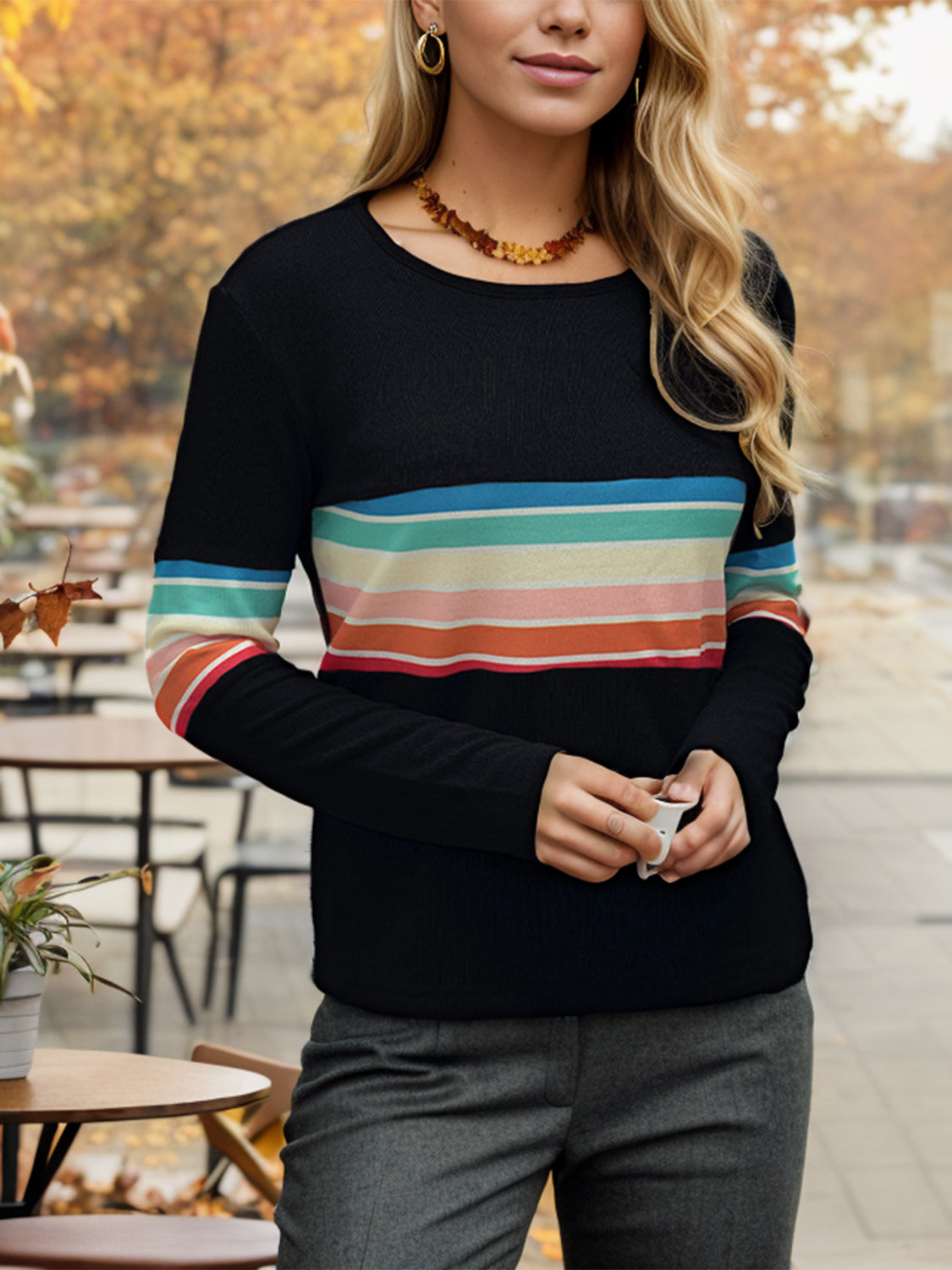 Striped Round Neck Long Sleeve T-Shirt 