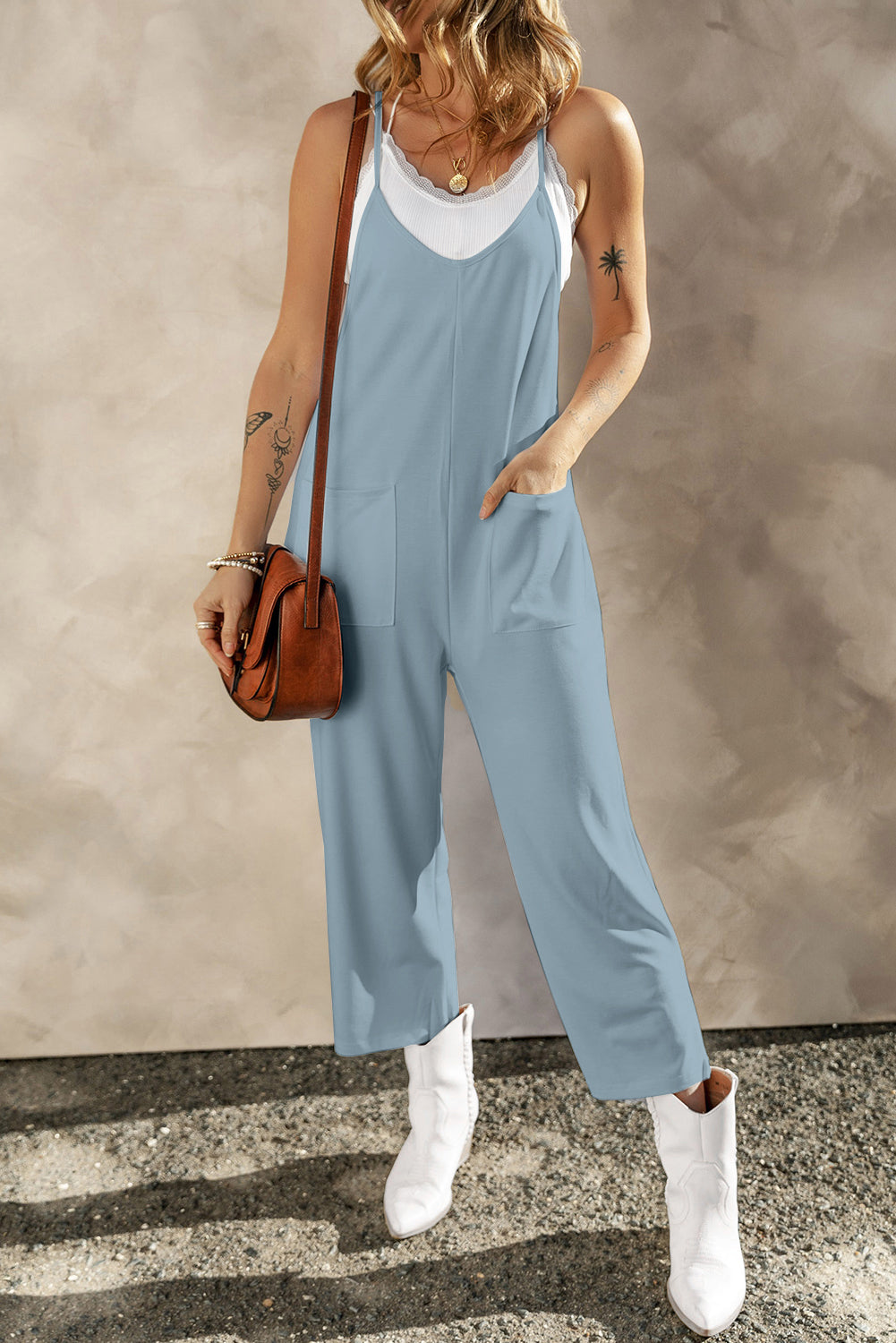 Pocketed Spaghetti Strap Wide Leg Jumpsuit - Babbazon Rompers