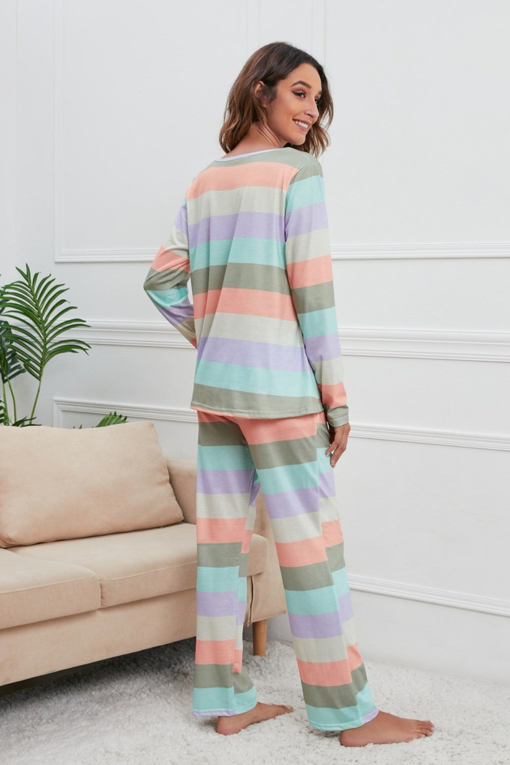 Striped Round Neck Long Sleeve Top and Drawstring Pants Lounge Set 