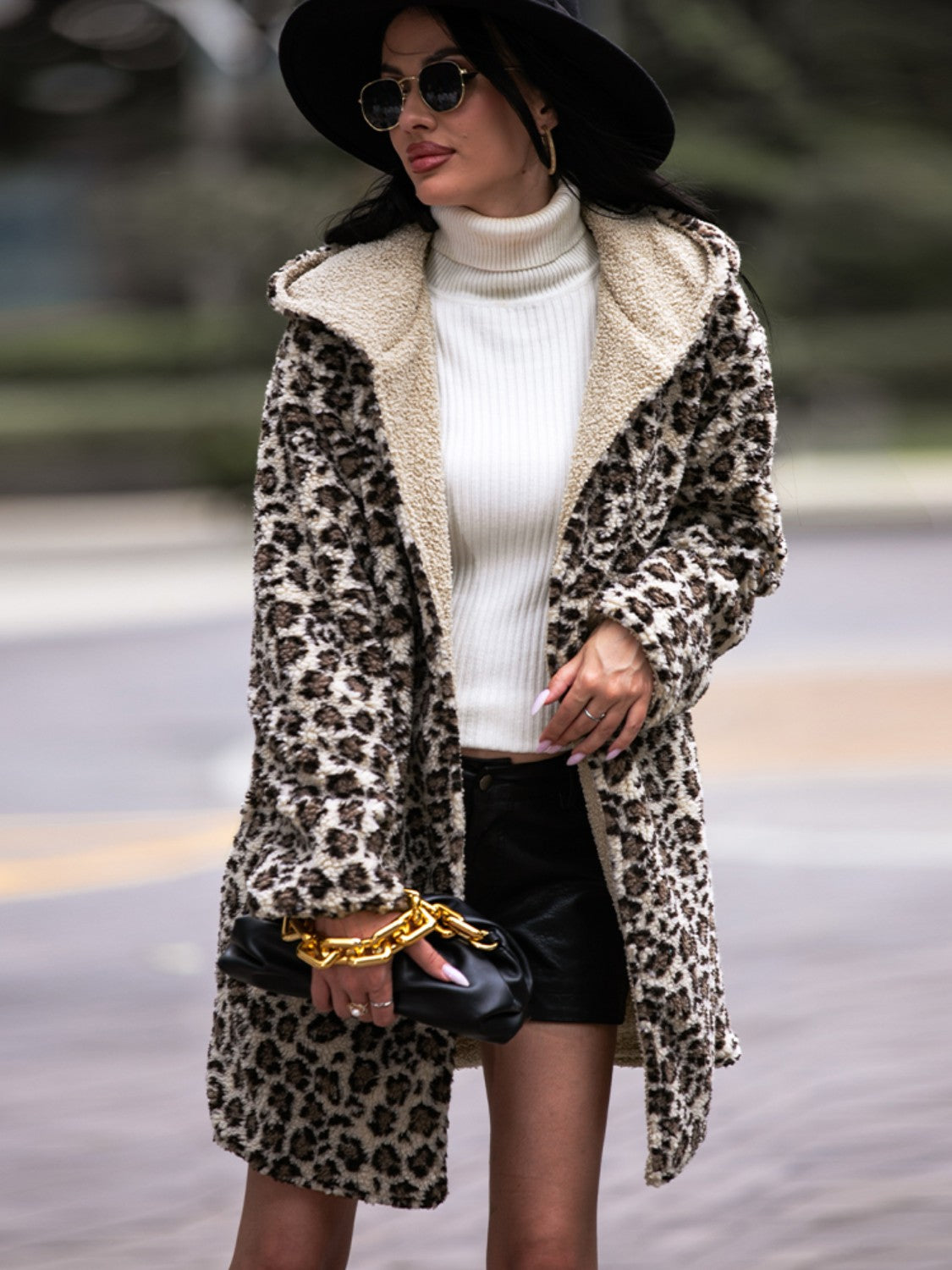 Leopard Hooded Coat with Pockets 