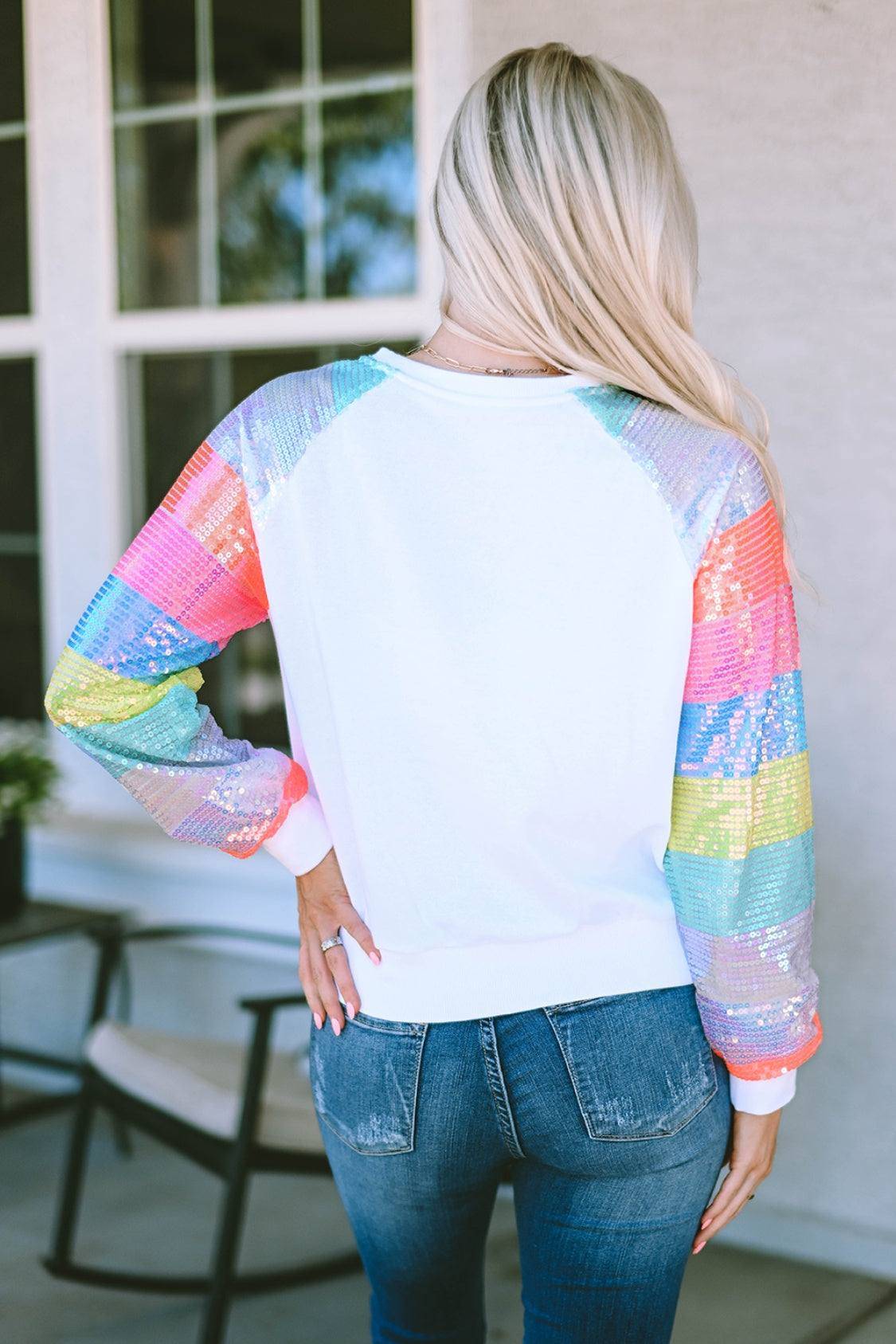 Sequin Round Neck Color Block  Sleeve Sweatshirt 