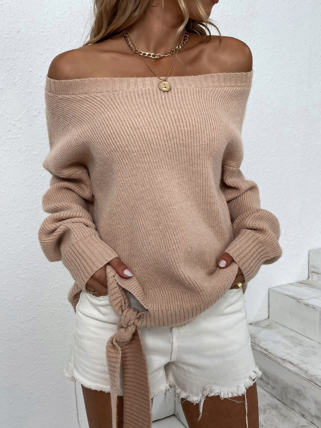 Ribbed Tied Off-Shoulder Sweater 