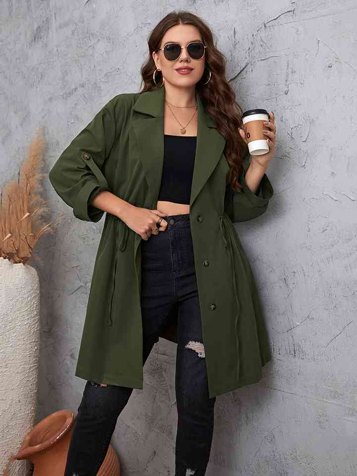 Plus Size Lapel Collar Roll-Tab Sleeve Trench Coat 