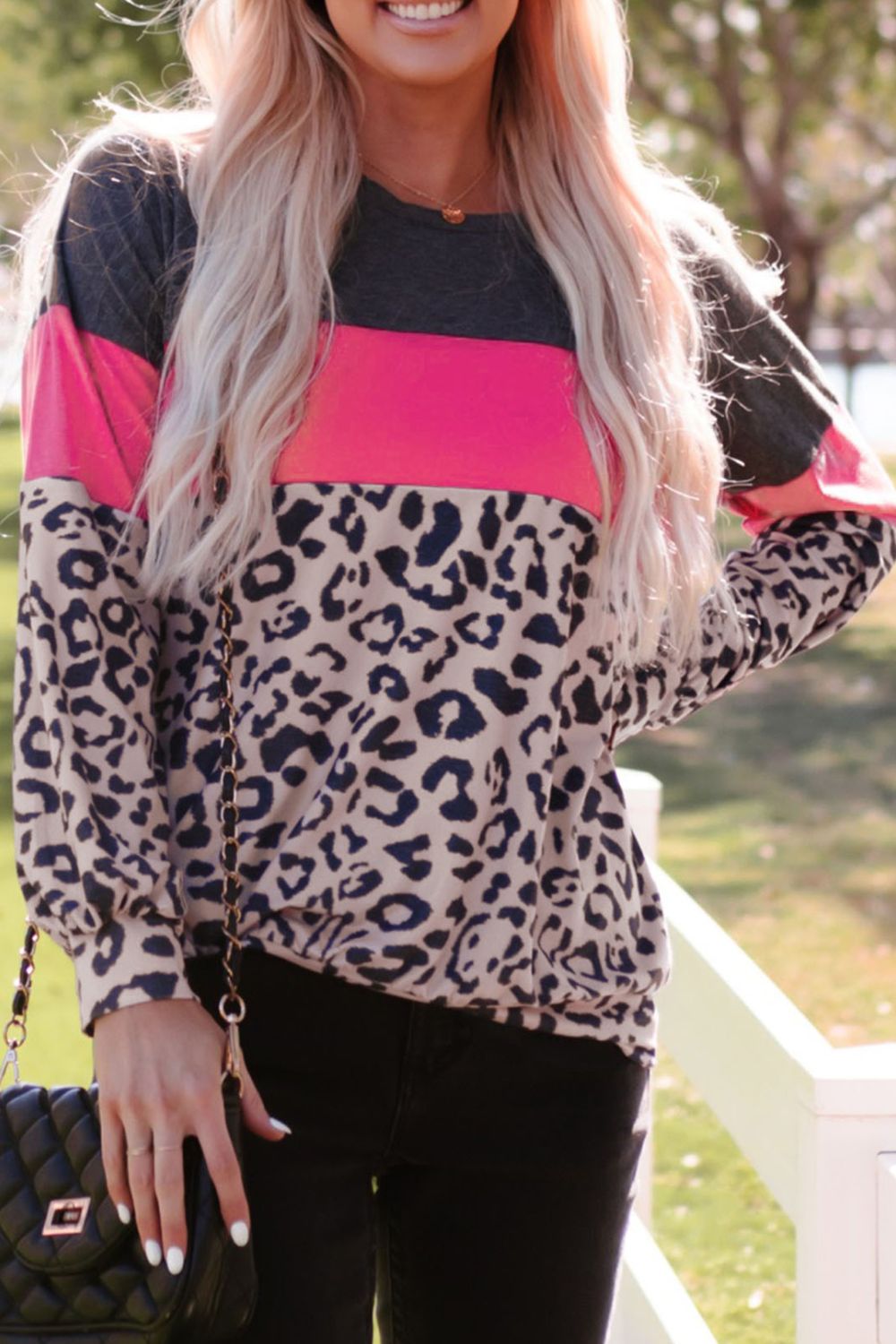 Leopard Print Color Block Long-Sleeve Top 