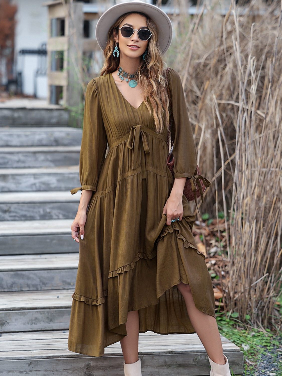 Ruched Frill Long Sleeve Tiered Dress 