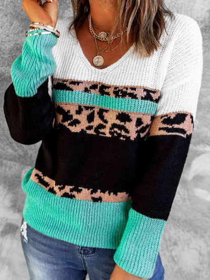 Woven Right Leopard Color Block V-Neck Rib-Knit Sweater 