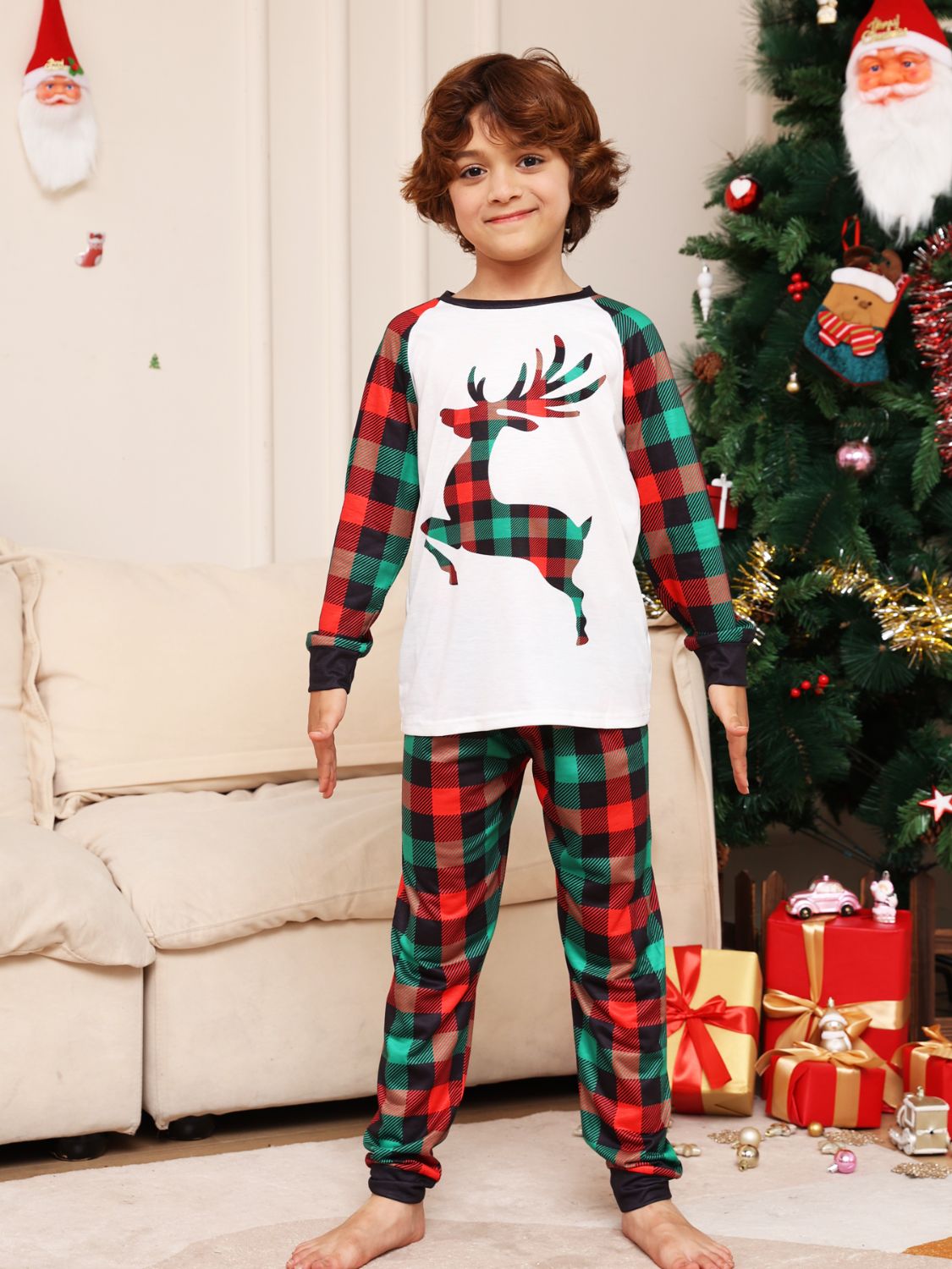 Reindeer Graphic Top and Plaid Pants Set 