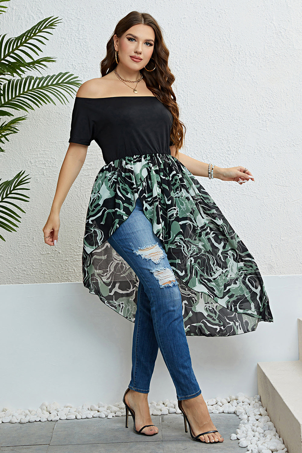 Plus Size Off-Shoulder Asymmetrical Hem Dress 