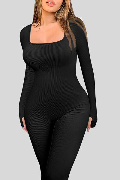 Square Neck Long Sleeve Active Jumpsuit 