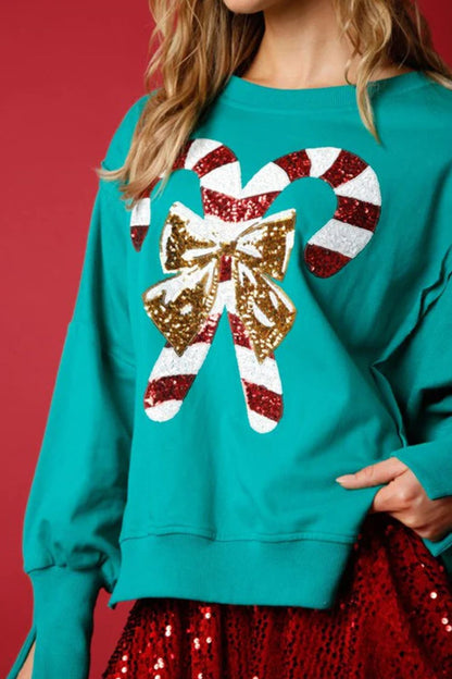 Candy Cane Slit Dropped Shoulder Sweatshirt