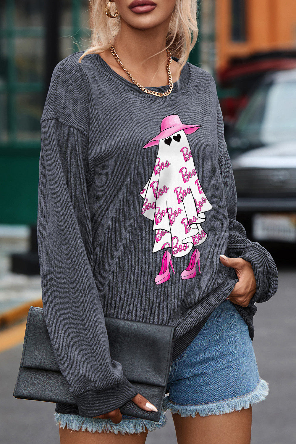 BOO Ghost Graphic Drop Shoulder Sweatshirt - Babbazon Women's Tops