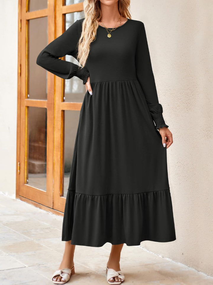 Round Neck Lantern Sleeve Ruffle Hem Dress - Babbazon Midi Dress