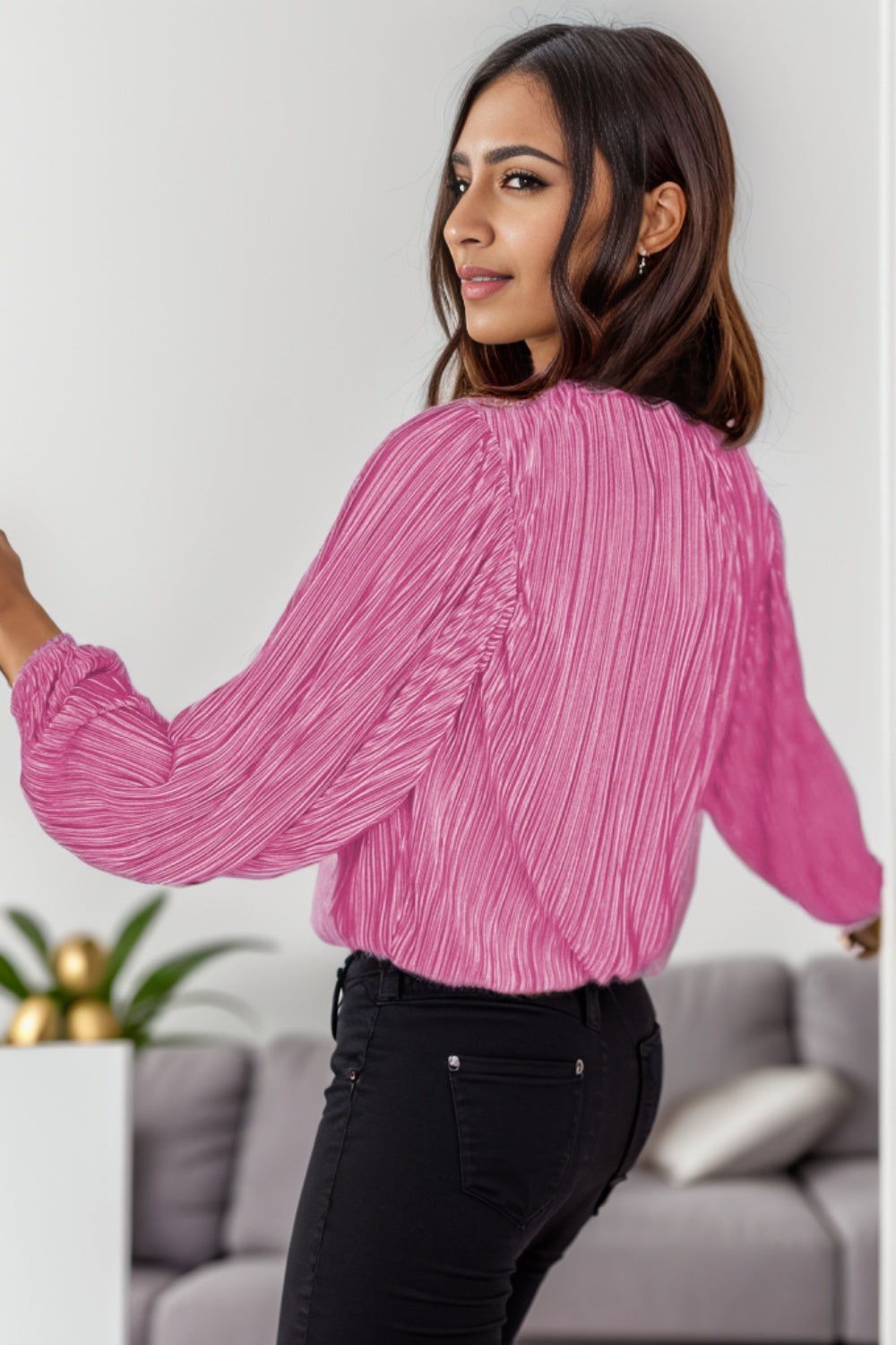 Round Neck Balloon Sleeve Blouse 