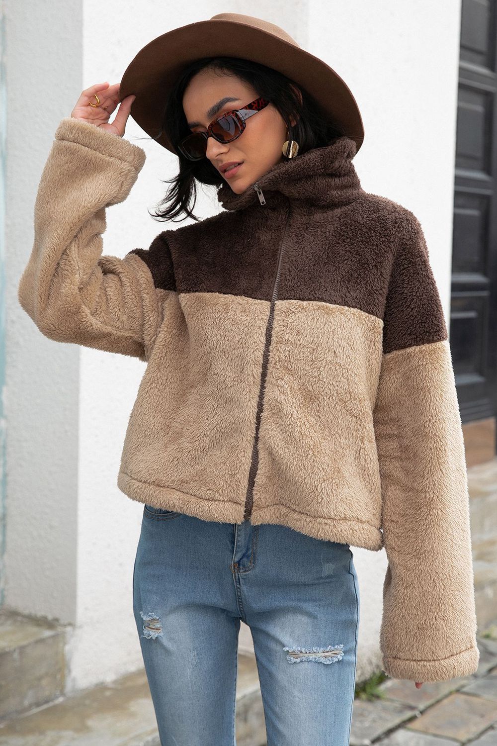 Two-Tone Collared Neck Fuzzy Jacket 