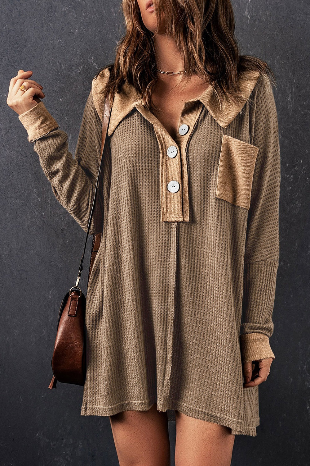 Waffle Knit Buttoned Long Sleeve Top with Breast Pocket - Babbazon Tops