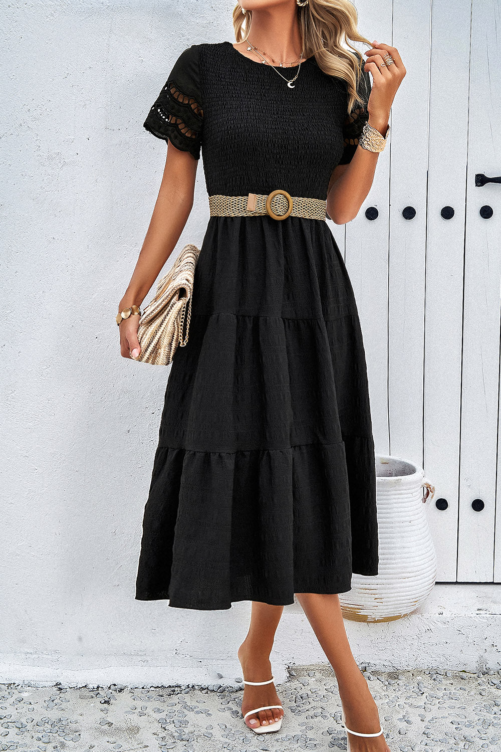 Smocked Round Neck Short Sleeve Midi Dress 