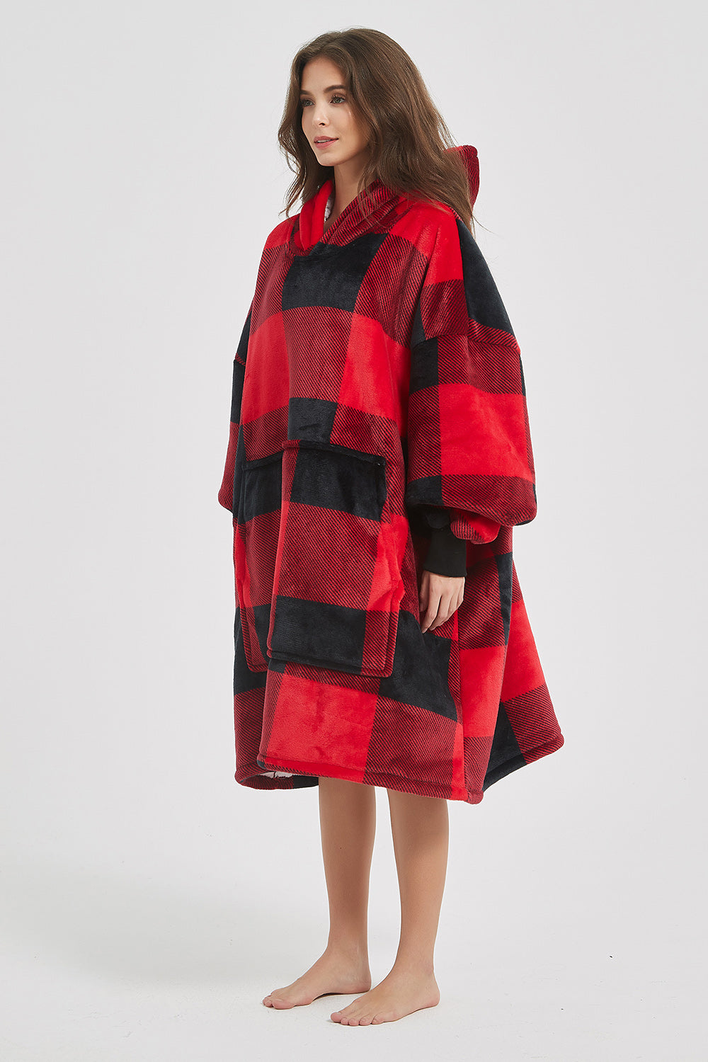 Plaid Hooded Oversize Fuzzy Lounge Dress 