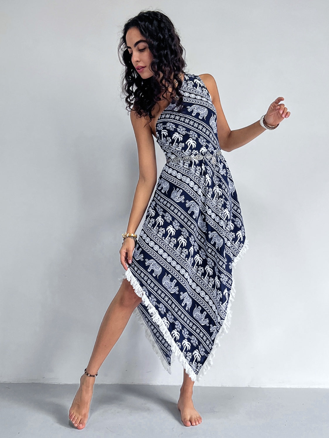 Fringe Printed Single Shoulder Dress 