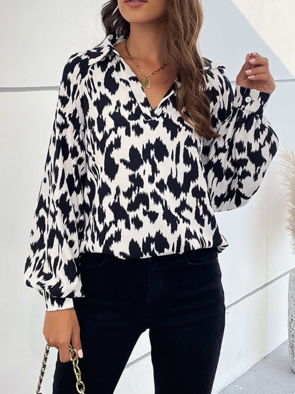 Printed Johnny Collar Lantern Sleeve Top 