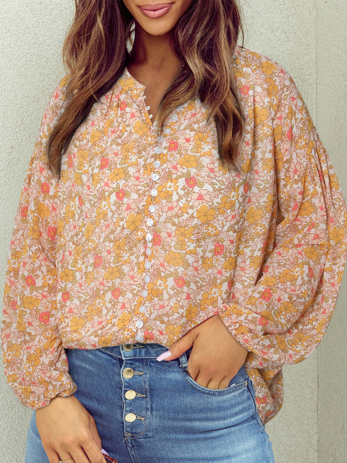 Printed Notched Balloon Sleeve Blouse 